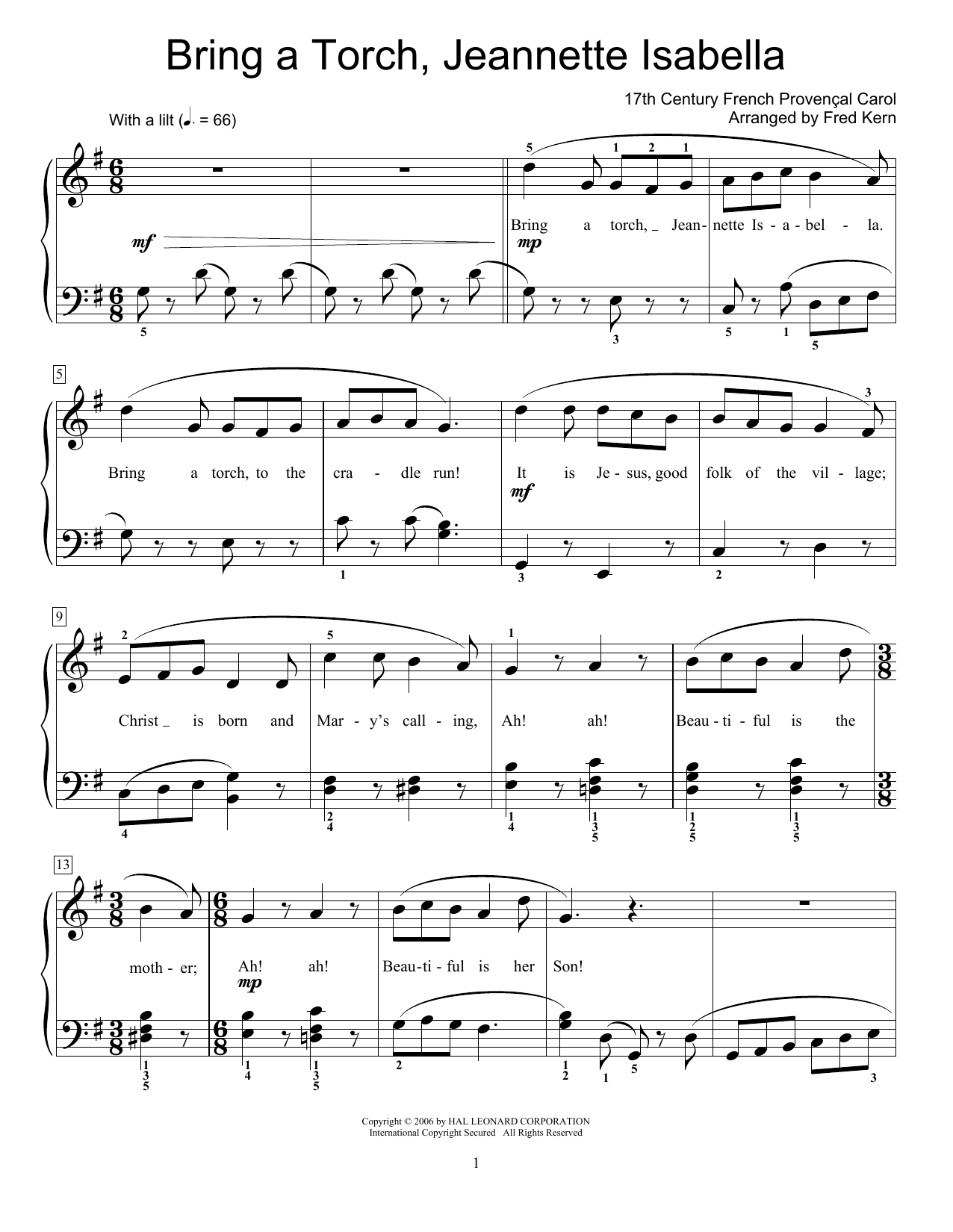 17th Century French Carol Bring A Torch, Jeannette, Isabella (arr. Fred Kern) Sheet Music