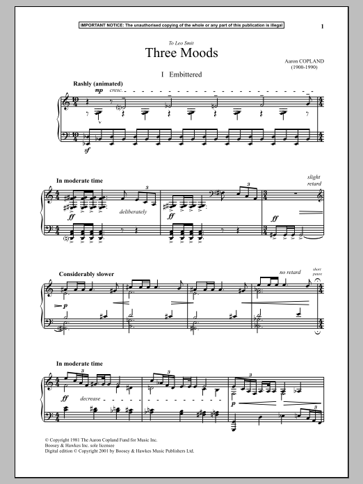 Aaron Copland Three Moods (Embittered) Sheet Music