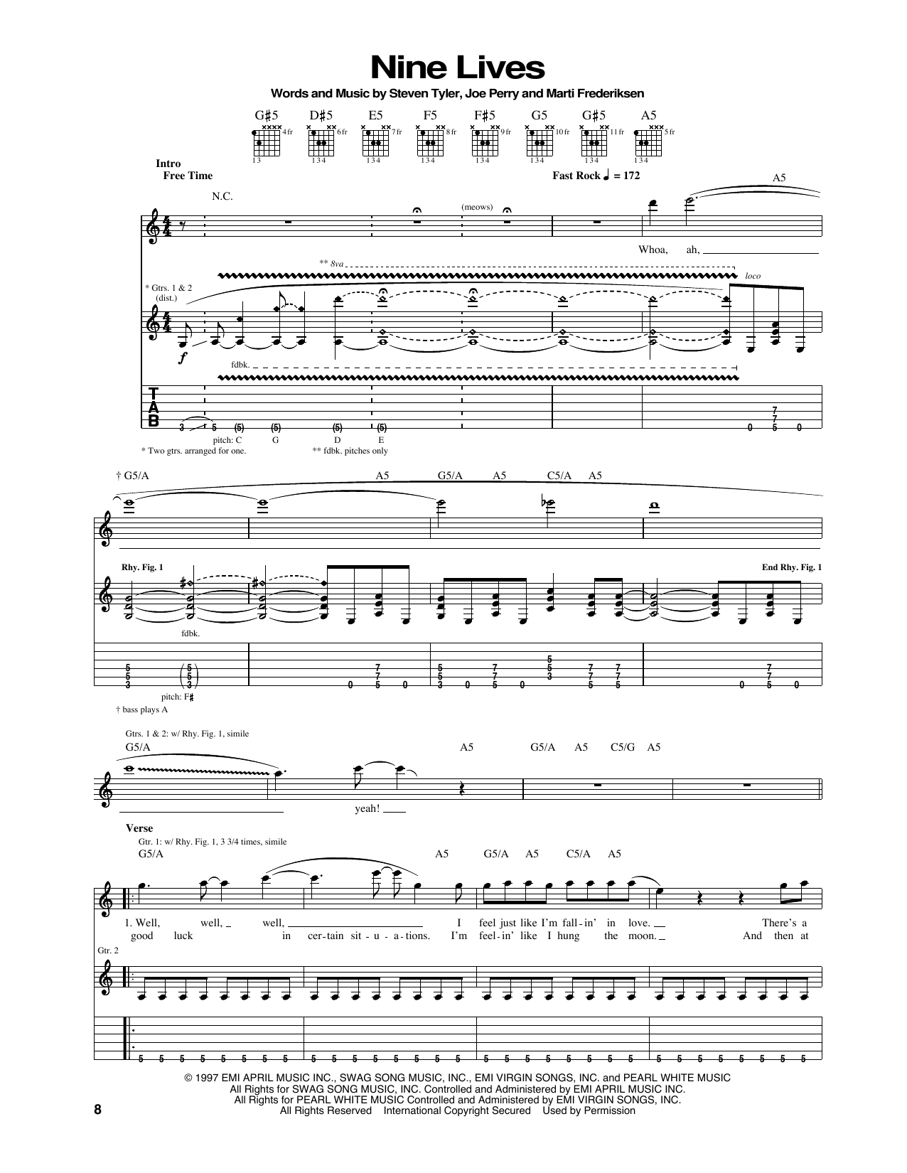Aerosmith Nine Lives Sheet Music