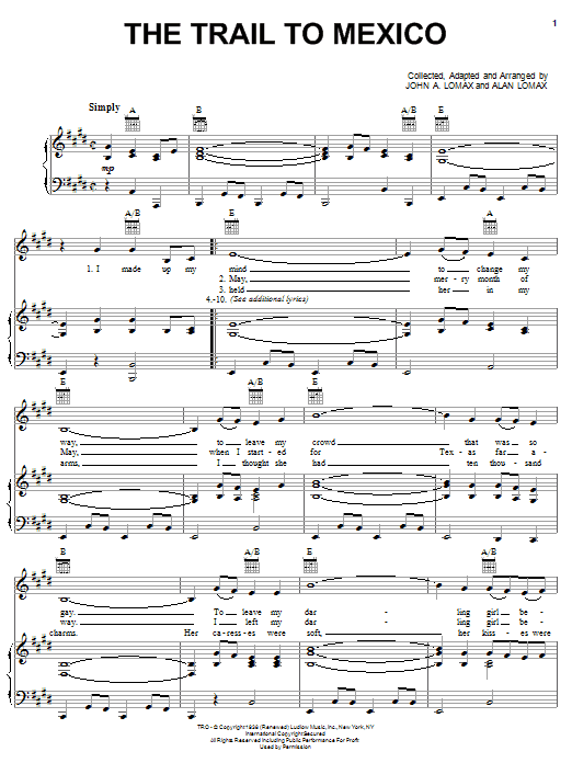 Alan Lomax The Trail To Mexico Sheet Music