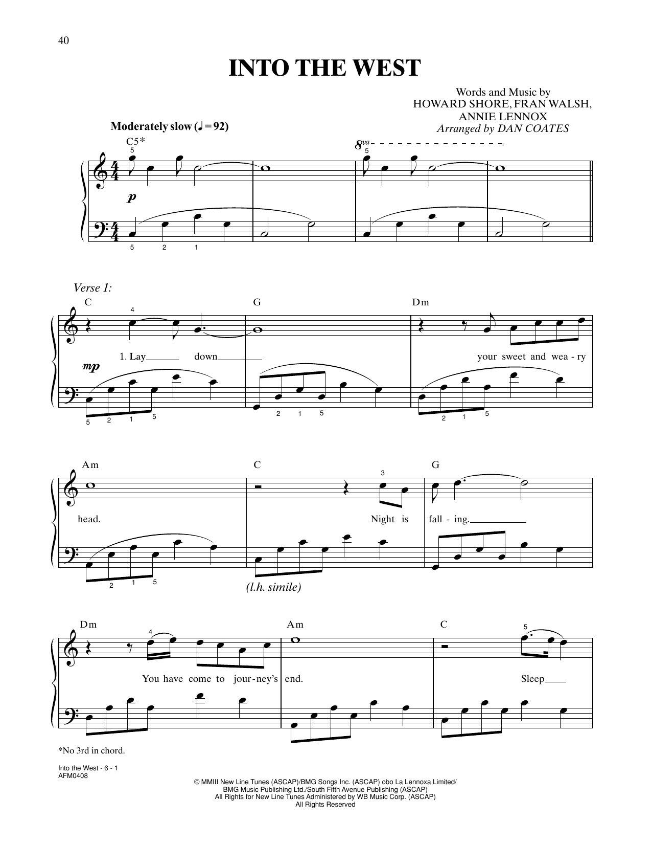Annie Lennox Into The West (from The Lord Of The Rings: The Return Of The King) (arr. Dan Coa Sheet Music