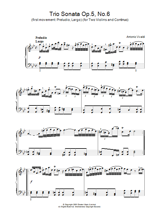 Antonio Vivaldi Trio Sonata Op.5, No.6 (1st Movement: Preludio, Largo) (for Two Violins and Cont Sheet Music