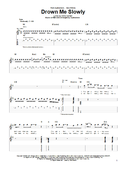 Audioslave Drown Me Slowly Sheet Music