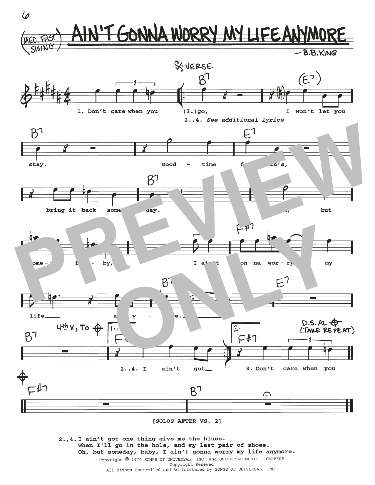 B.B. King Ain't Gonna Worry My Life Anymore Sheet Music