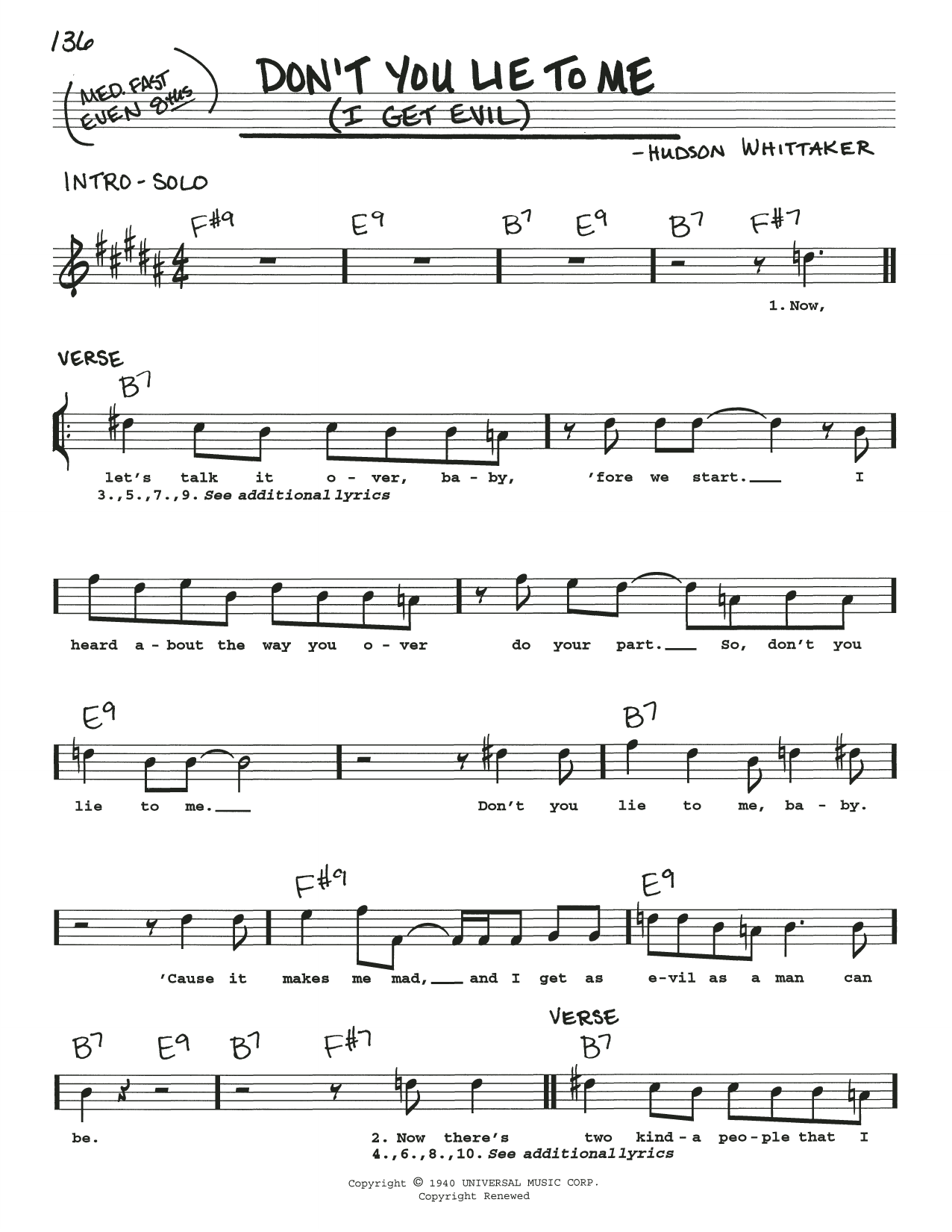 B.B. King Don't You Lie To Me (I Get Evil) Sheet Music