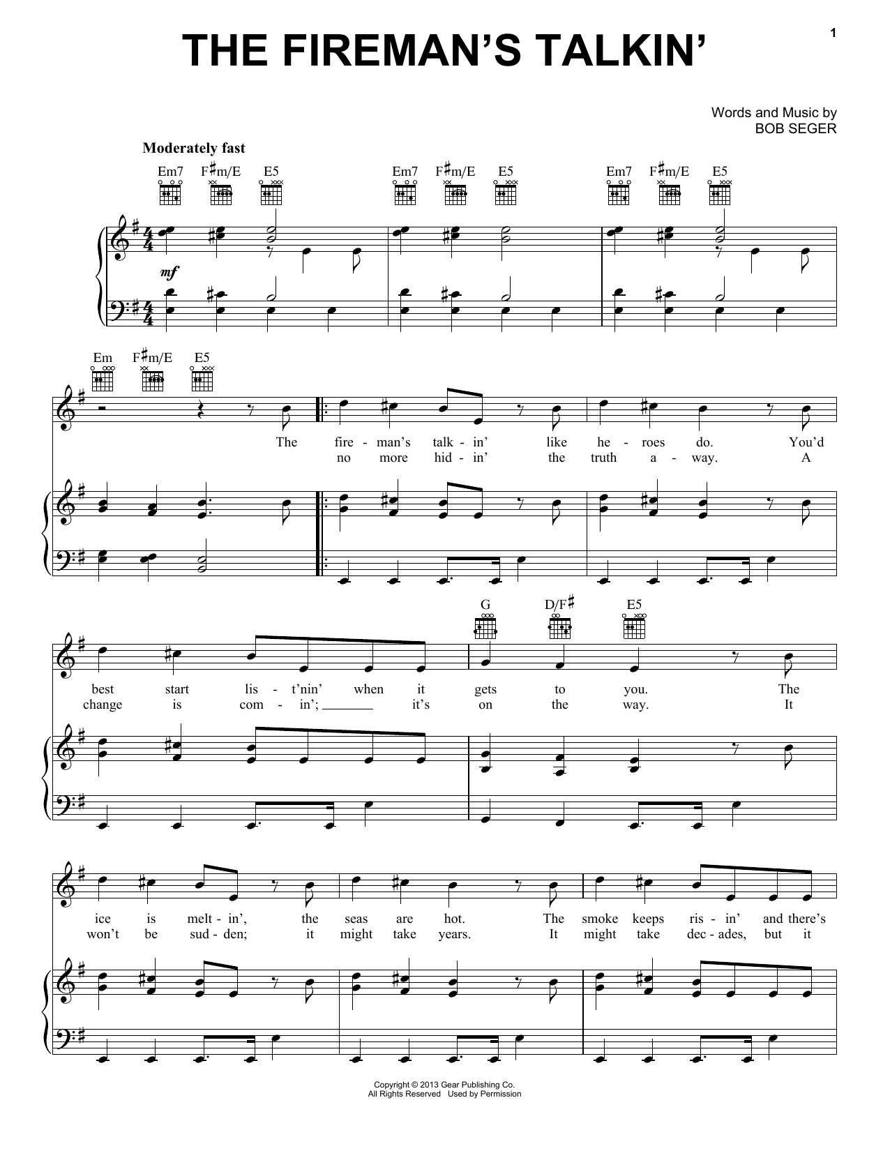 Bob Seger The Fireman's Talkin' Sheet Music