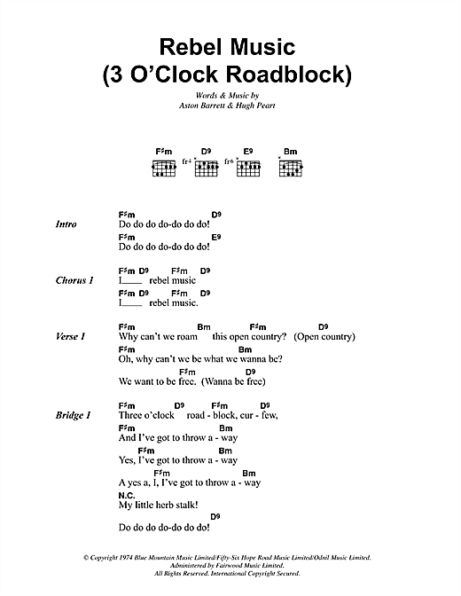 Bob Marley Rebel Music (3 O'Clock Roadblock) Sheet Music
