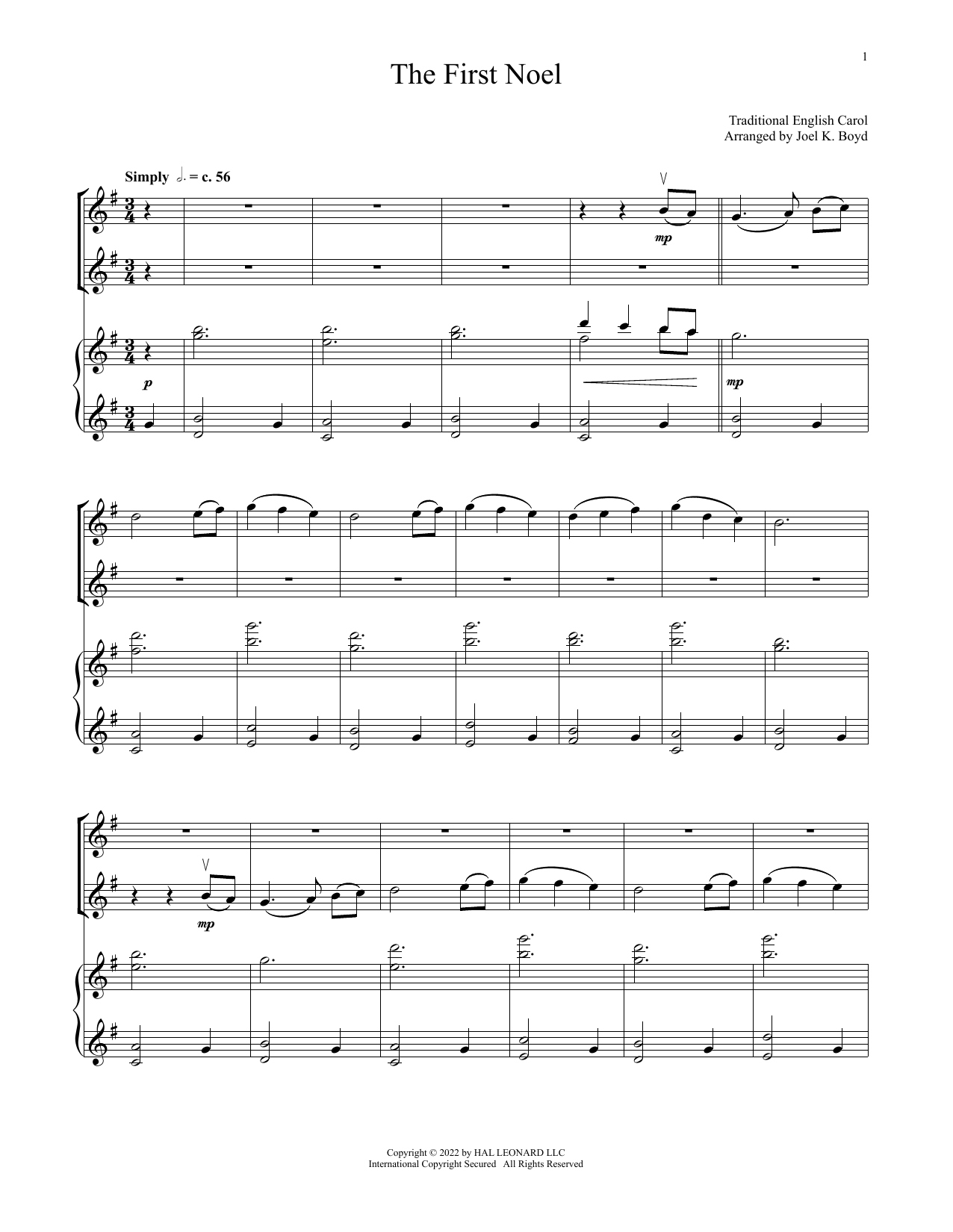 17th Century English Carol The First Noel (for Violin Duet and Piano) Sheet Music