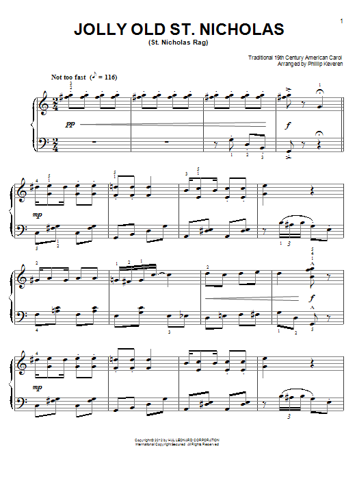 19th Century American Carol Jolly Old St. Nicholas [Ragtime version] (arr. Phillip Keveren) Sheet Music