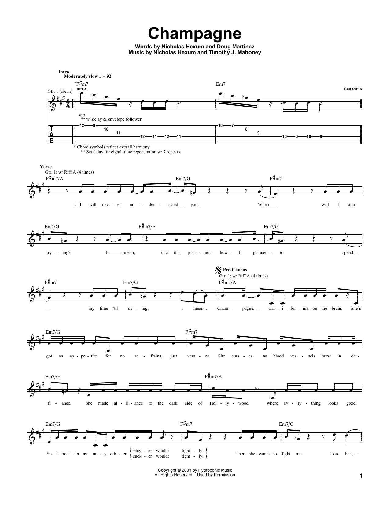 311 Champagne Sheet Music