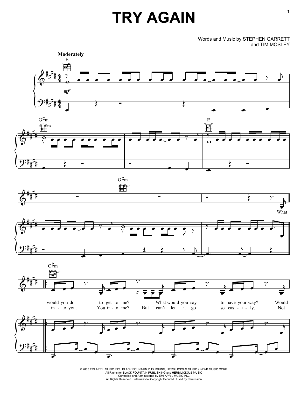 Aaliyah Try Again Sheet Music