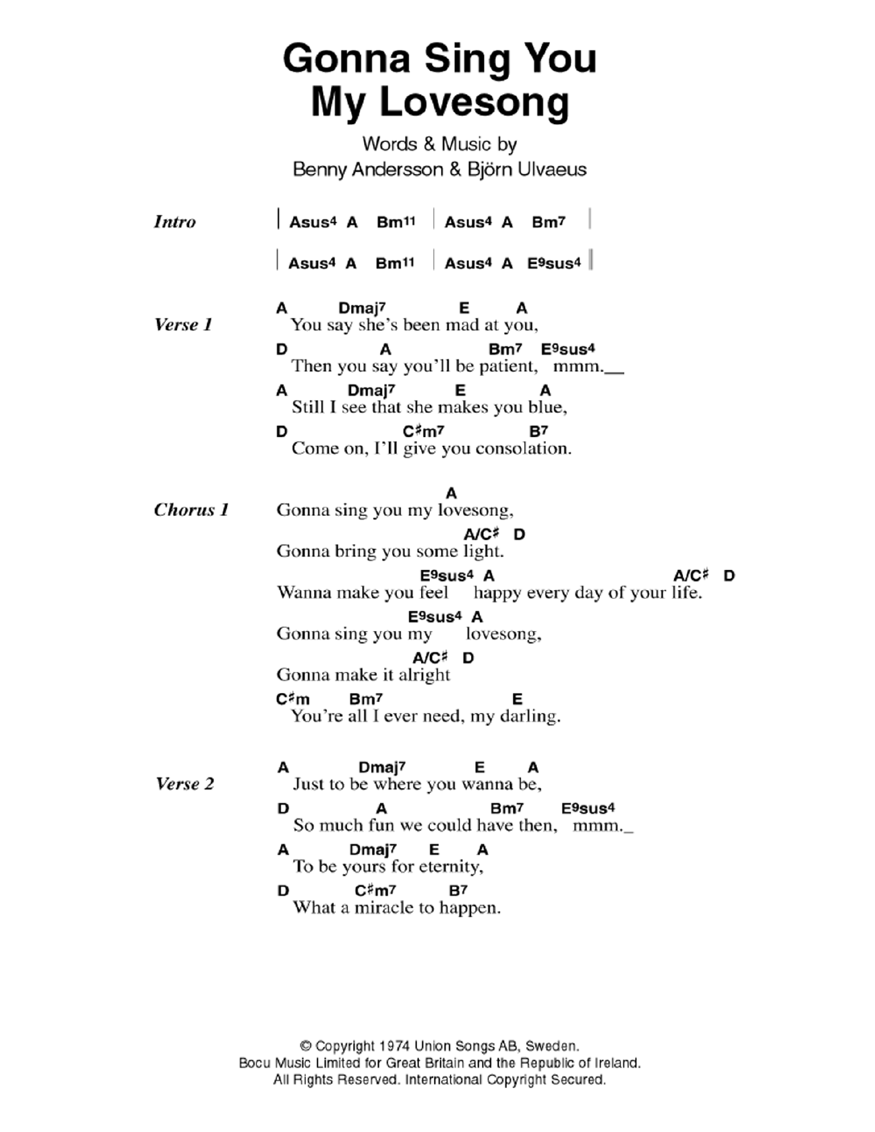 ABBA Gonna Sing You My Lovesong Sheet Music