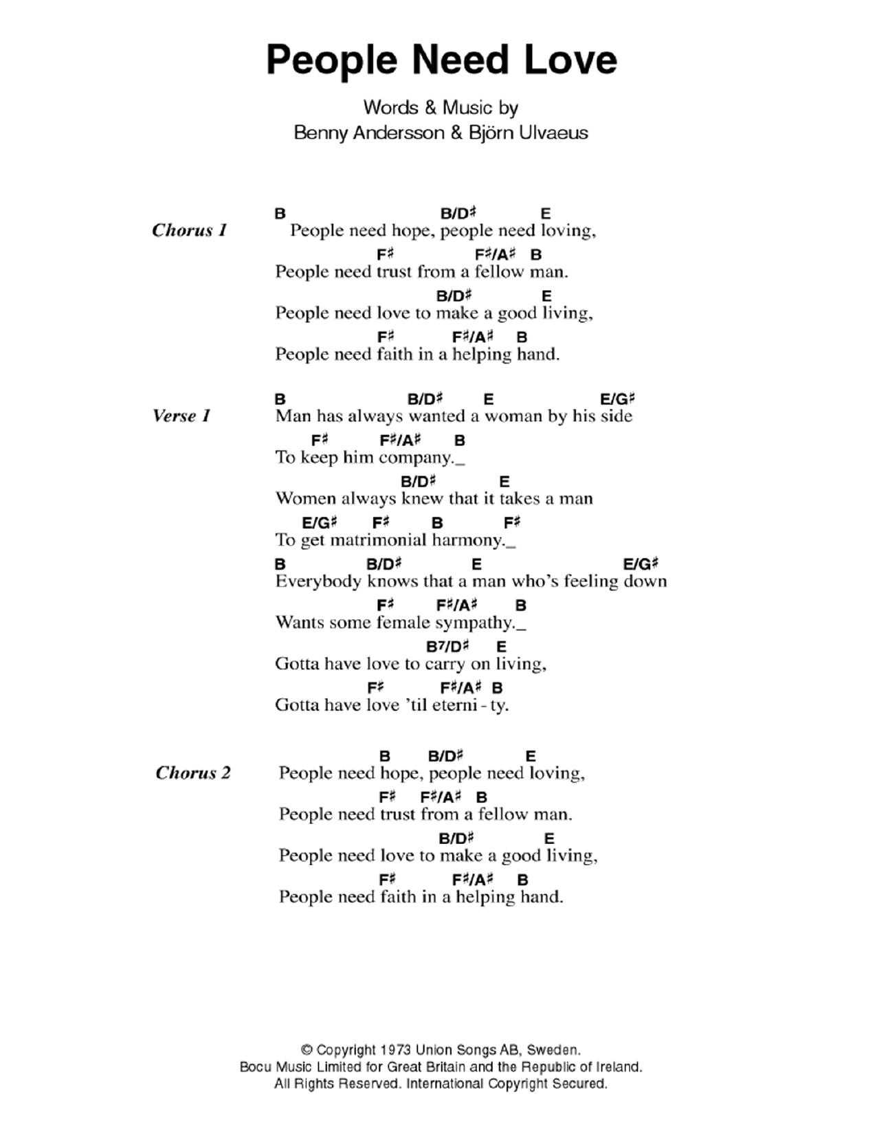ABBA People Need Love Sheet Music