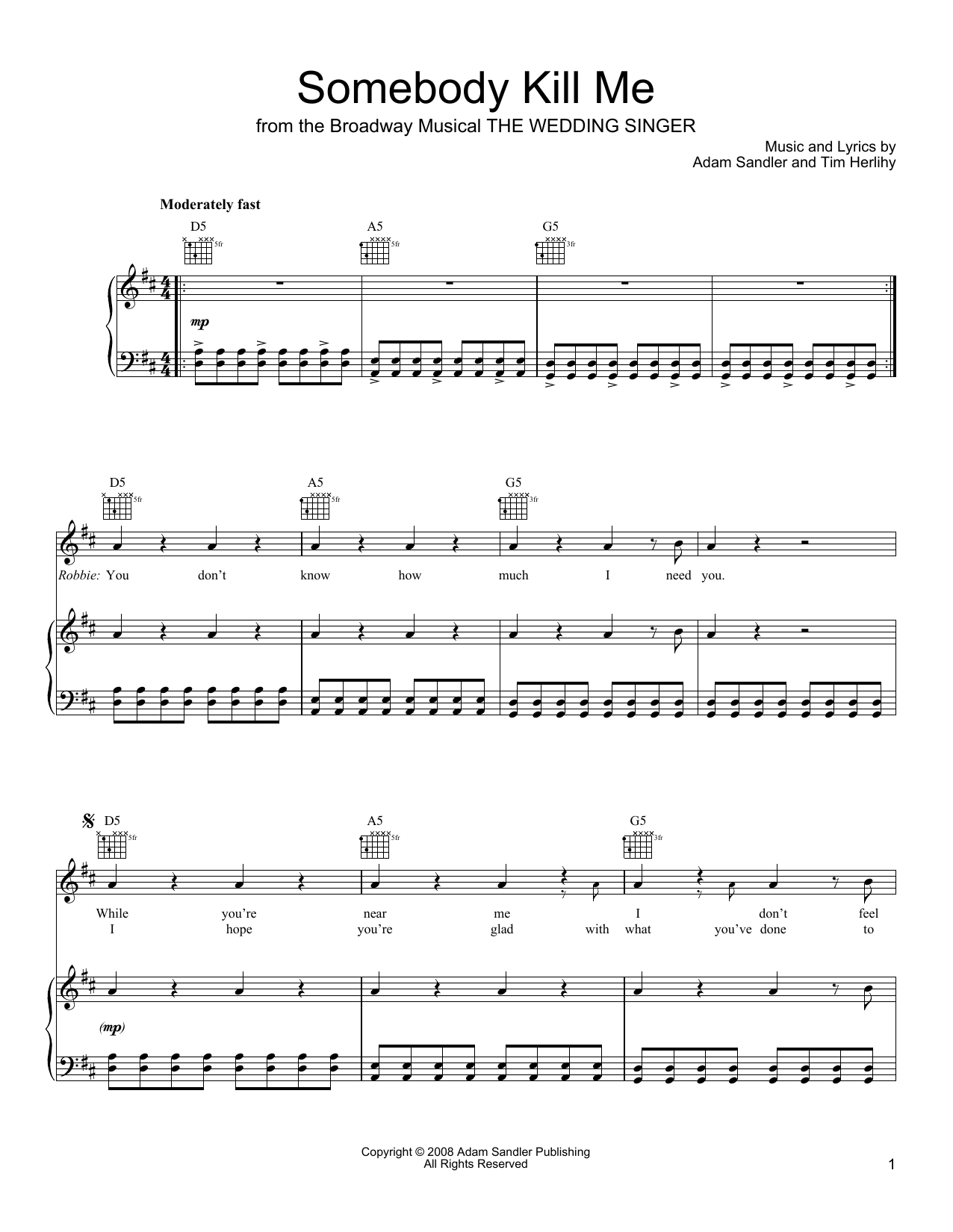 Adam Sandler Somebody Kill Me (from The Wedding Singer) Sheet Music