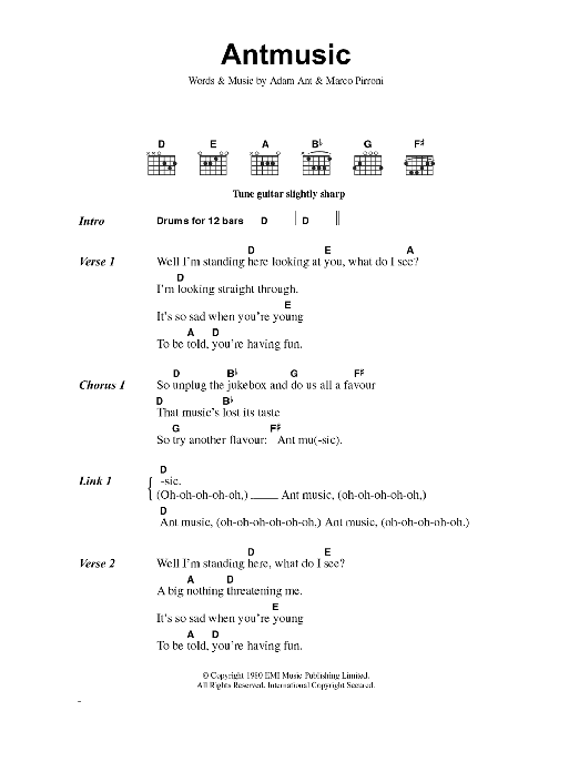 Adam and the Ants Antmusic Sheet Music