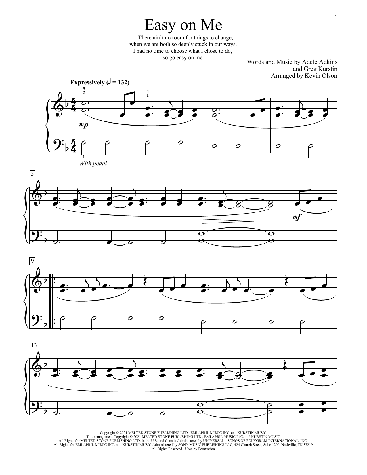 Adele Easy On Me (arr. Kevin Olson) Sheet Music