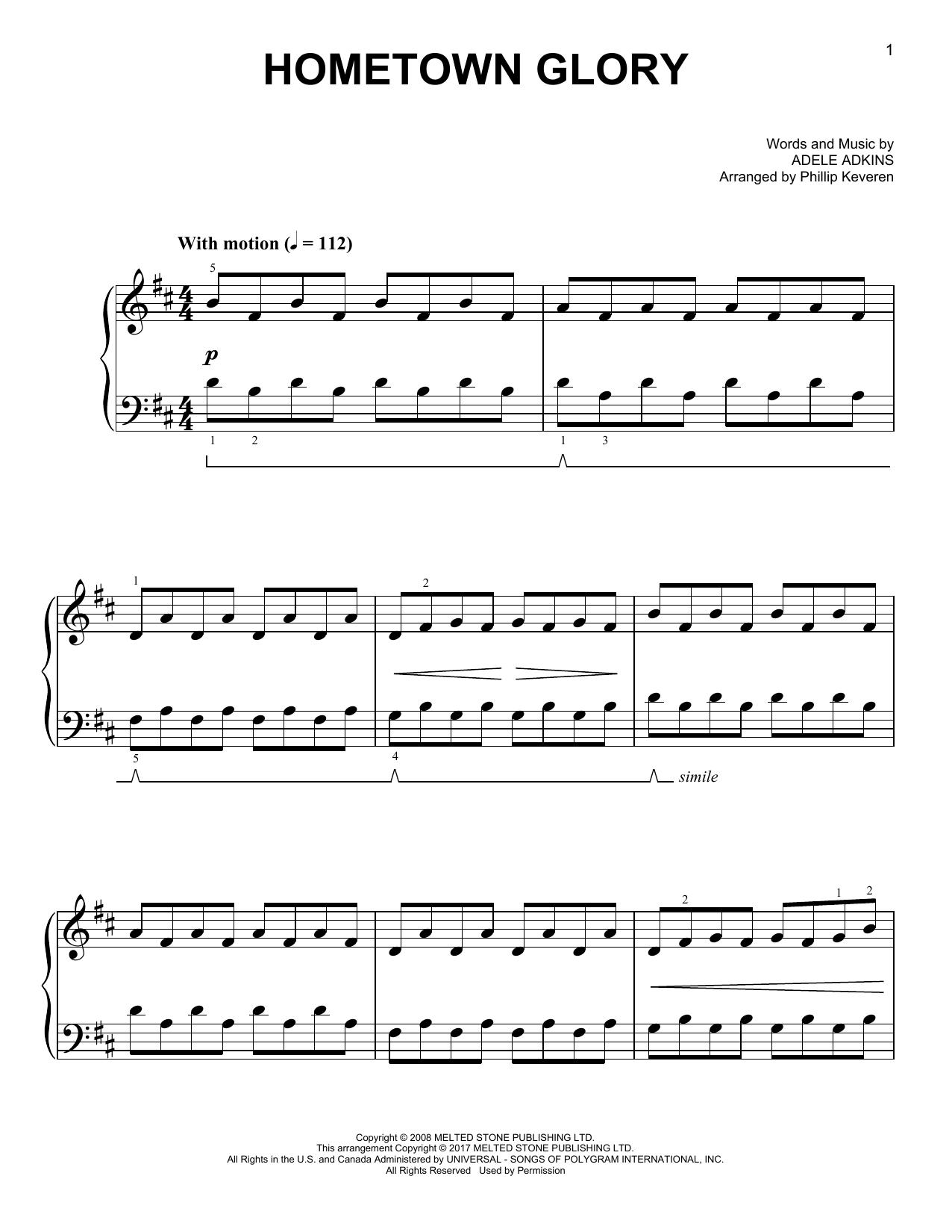 Adele Hometown Glory [Classical version] (arr. Phillip Keveren) Sheet Music