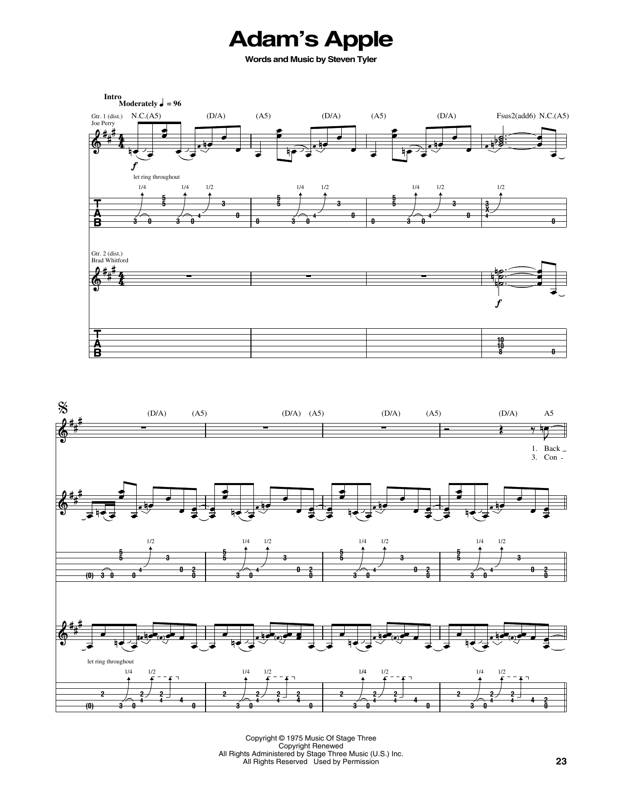 Aerosmith Adam's Apple Sheet Music