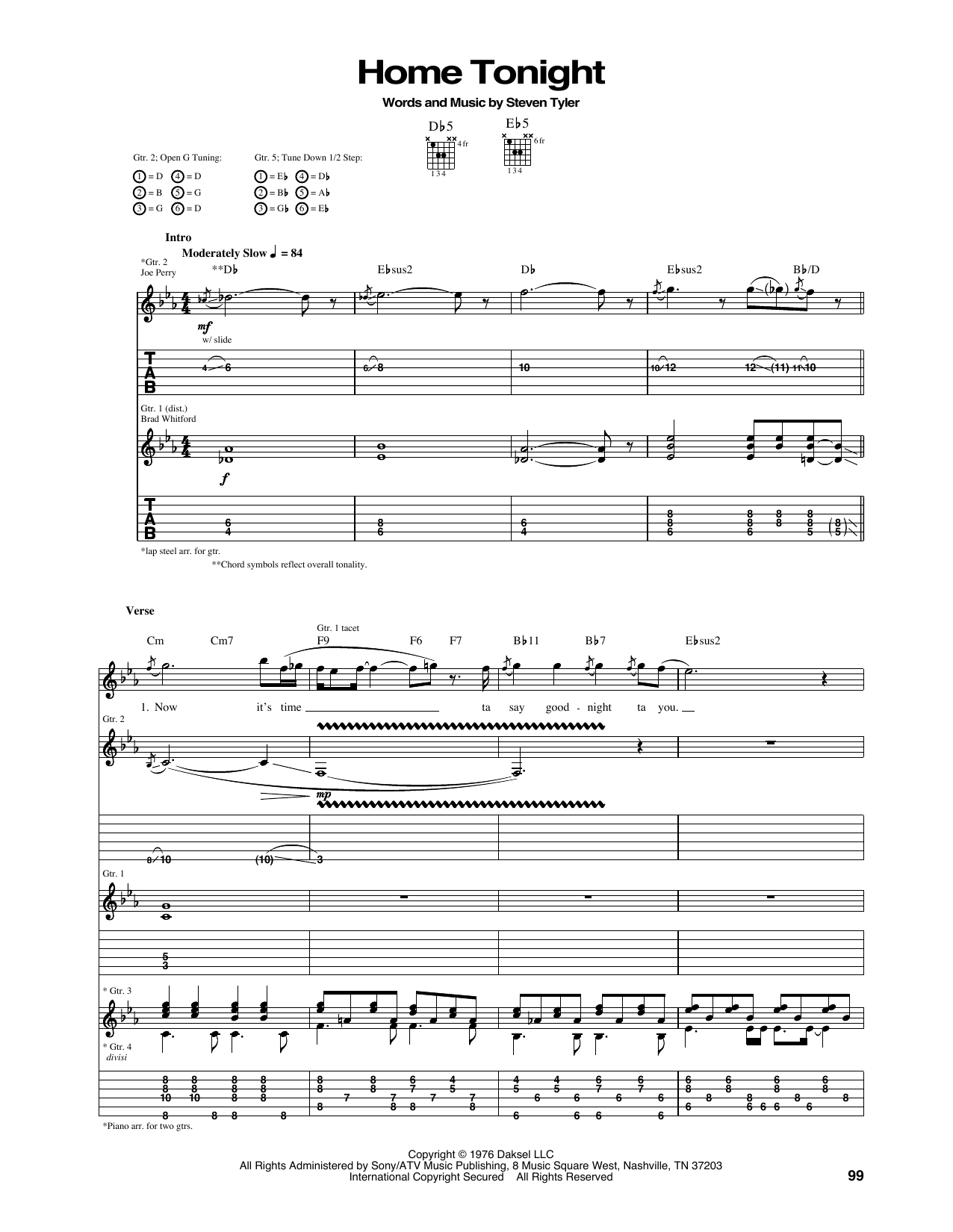 Aerosmith Home Tonight Sheet Music