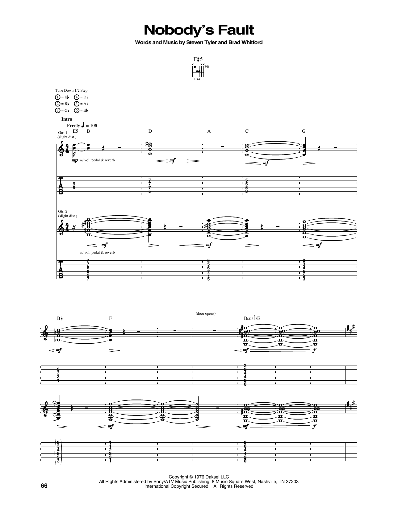 Aerosmith Nobody's Fault Sheet Music