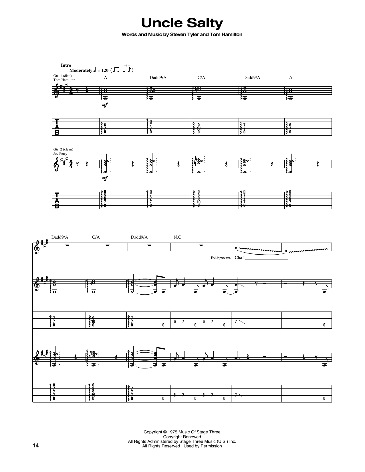 Aerosmith Uncle Salty Sheet Music