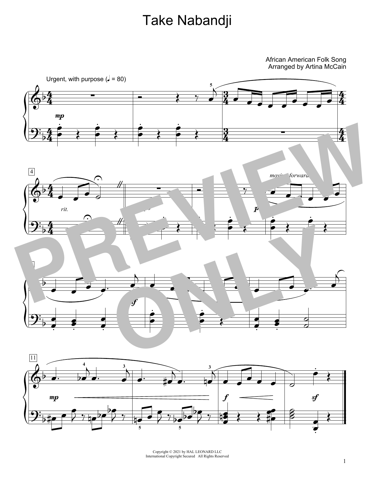 African American Folk Song Take Nabandji (arr. Artina McCain) Sheet Music