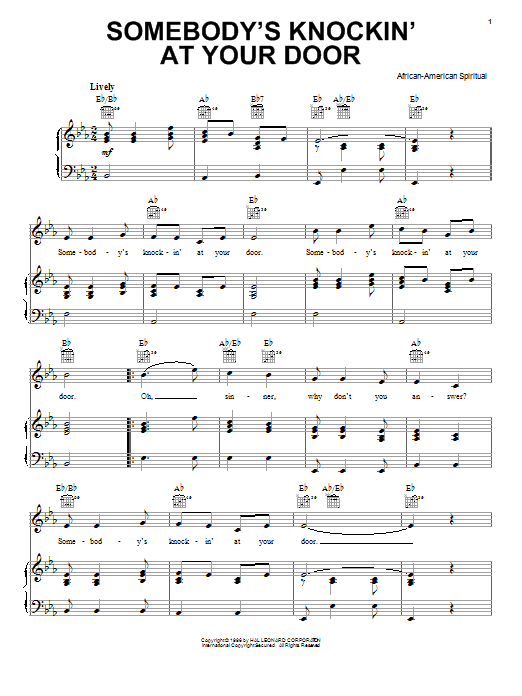 African-American Spiritual Somebody's Knockin' At Your Door Sheet Music