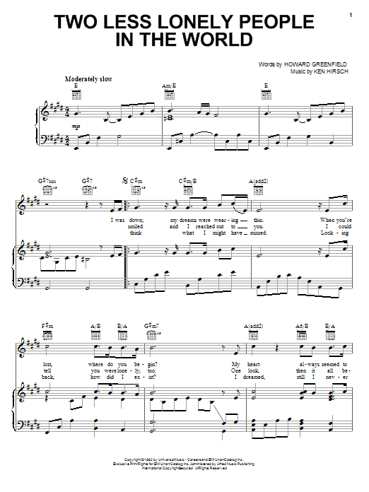 Air Supply Two Less Lonely People In The World Sheet Music