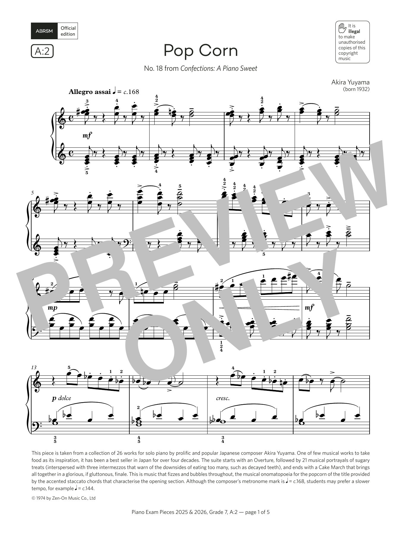 Akira Yuyama Pop Corn (Grade 7, list A2, from the ABRSM Piano Syllabus 2025 & 2026) Sheet Music