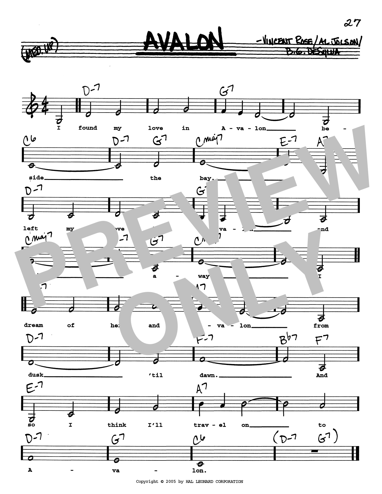 Al Jolson Avalon (Low Voice) Sheet Music