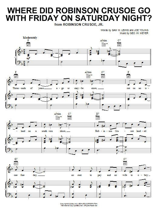 Al Jolson Where Did Robinson Crusoe Go With Friday On Saturday Night? Sheet Music