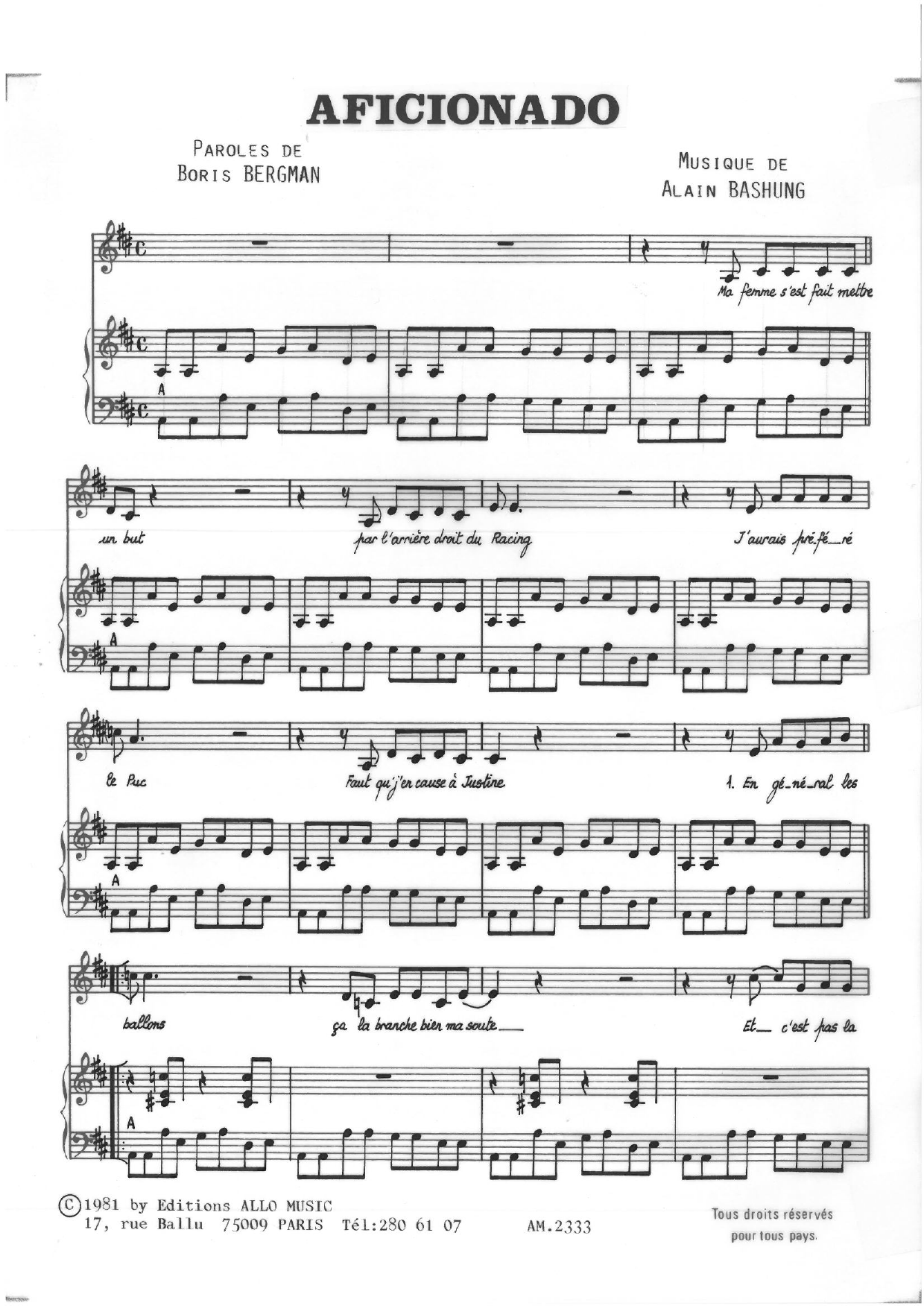 Alain Bashung Aficionado Sheet Music