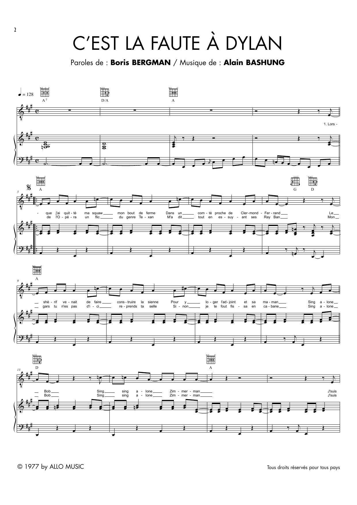 Alain Bashung C'est La Faute A Dylan Sheet Music