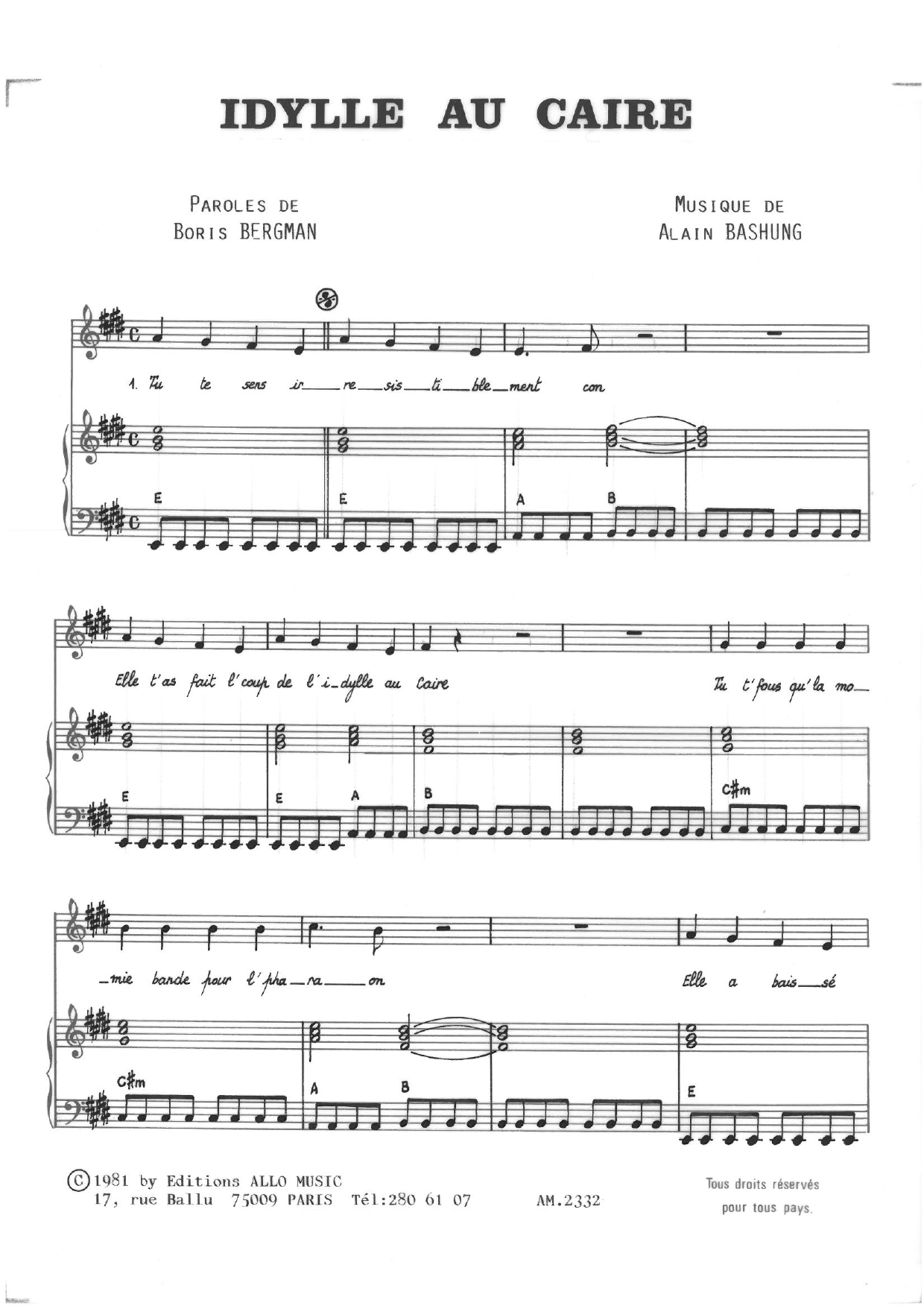 Alain Bashung Idylle Au Caire Sheet Music