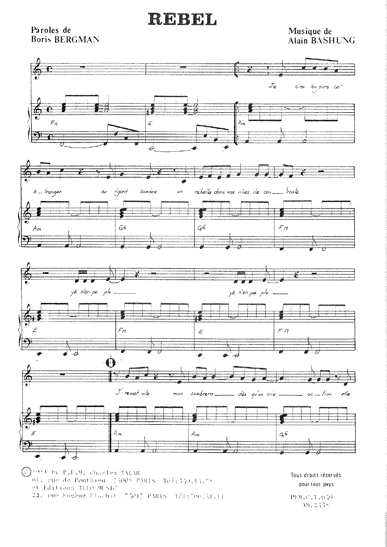 Alain Bashung Rebel Sheet Music