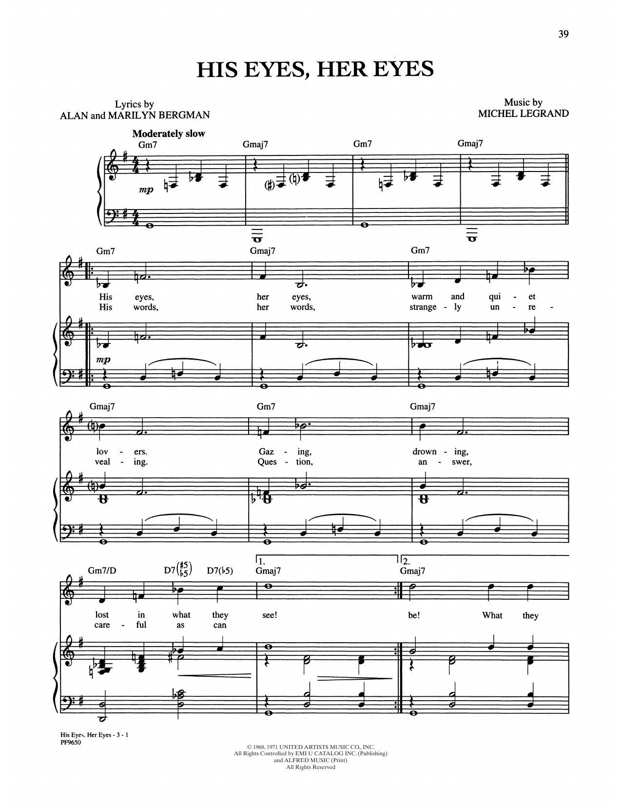 Alan and Marilyn Bergman and Michel Legrand His Eyes Her Eyes Sheet Music