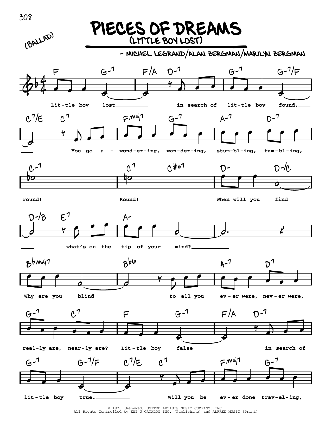 Alan Bergman Pieces Of Dreams (Little Boy Lost) (High Voice) Sheet Music