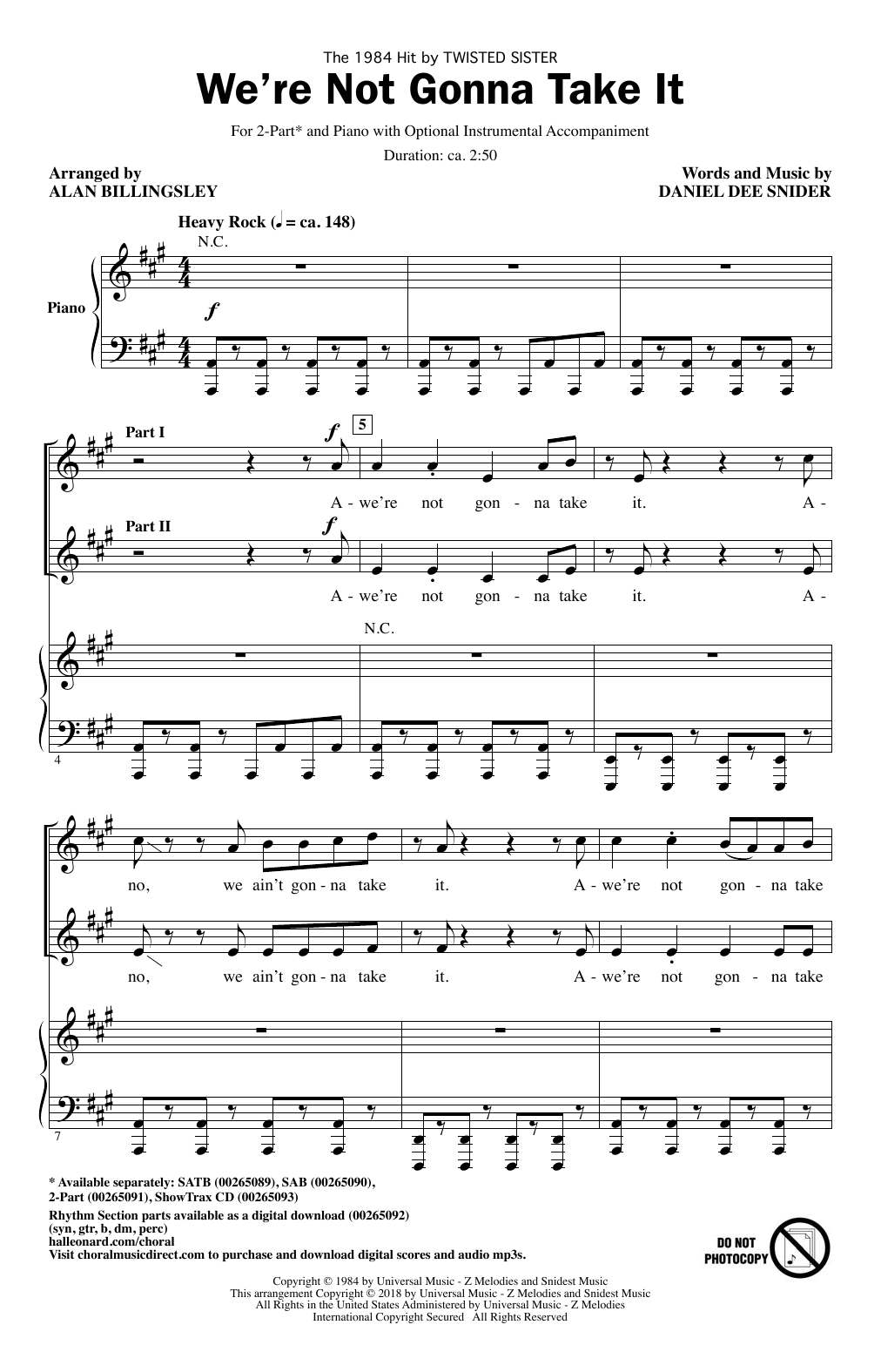 Alan Billingsley We're Not Gonna Take It Sheet Music
