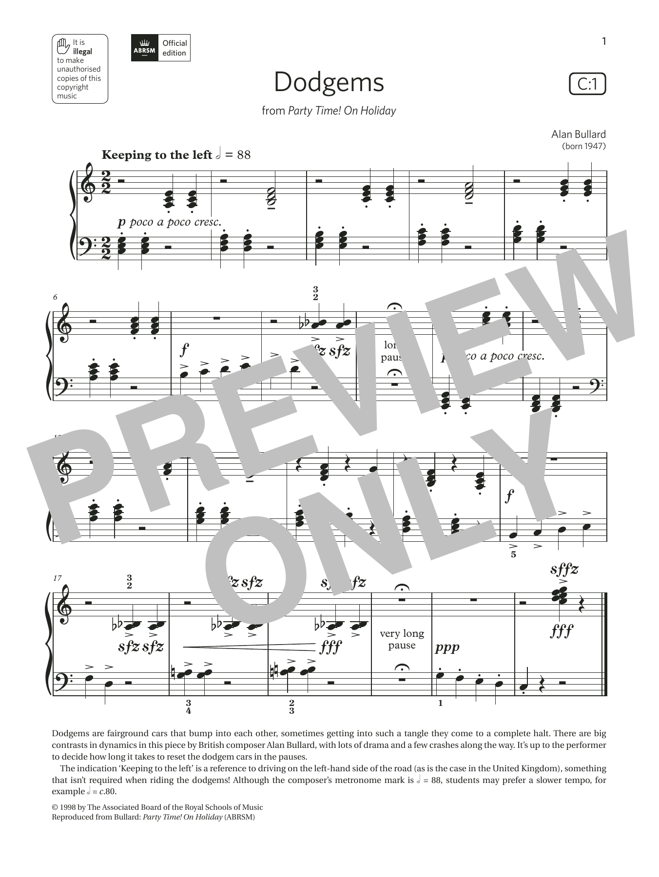 Alan Bullard Dodgems (Grade Initial, list C1, from the ABRSM Piano Syllabus 2021 & 2022) Sheet Music