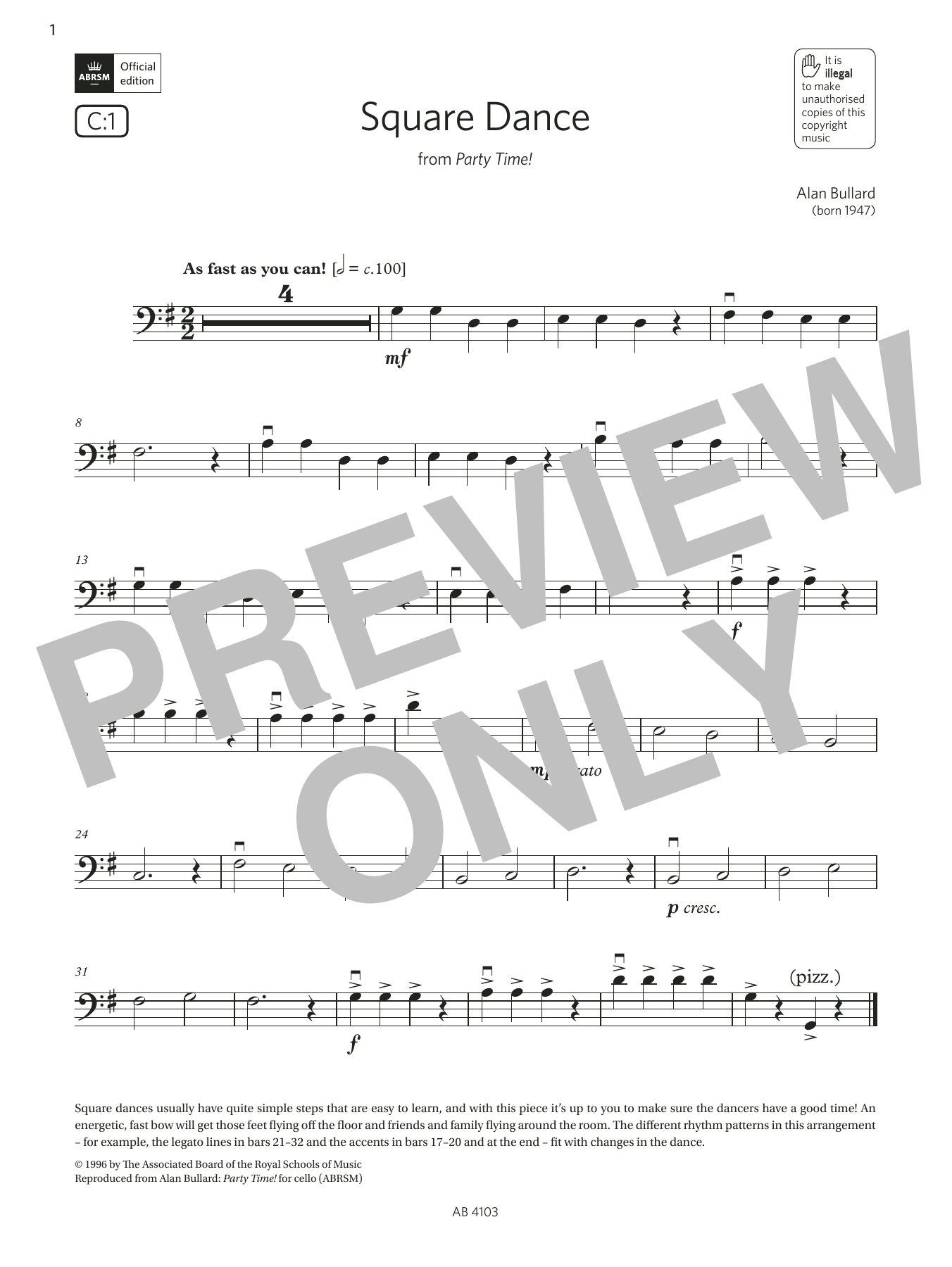 Alan Bullard Square Dance (Grade Initial, C1, from the ABRSM Cello Syllabus from 2024) Sheet Music