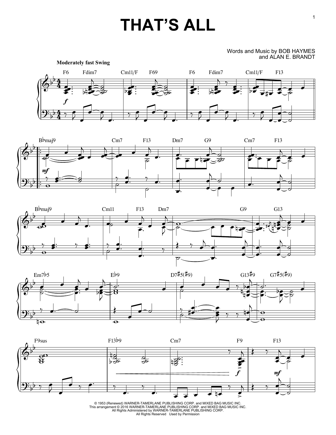 Alan E. Brandt That's All [Jazz version] (arr. Brent Edstrom) Sheet Music