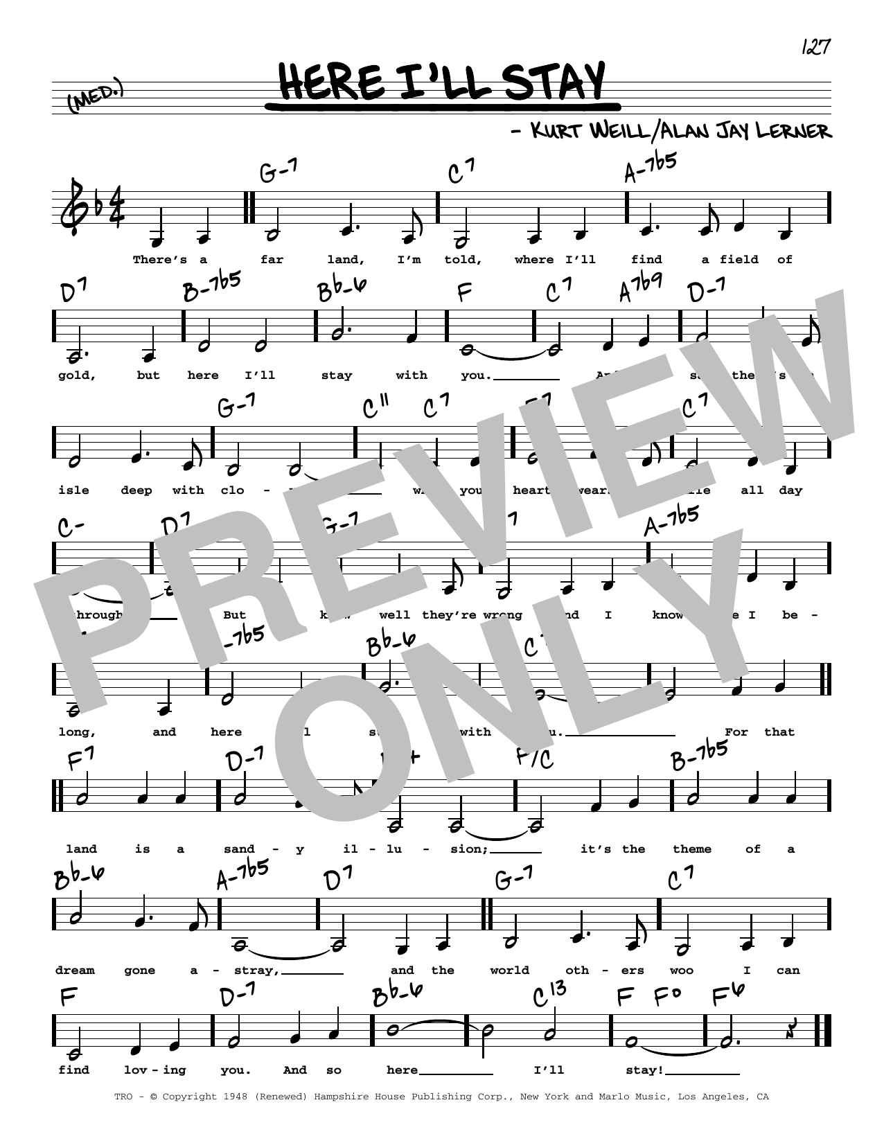 Alan Jay Lerner Here I'll Stay (Low Voice) Sheet Music