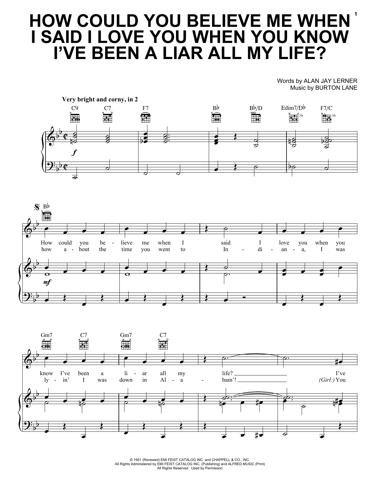 Alan Jay Lerner How Could You Believe Me When I Said I Love You When You Know I've Been A Liar A Sheet Music