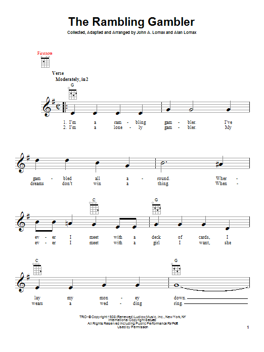 Alan Lomax The Rambling Gambler Sheet Music