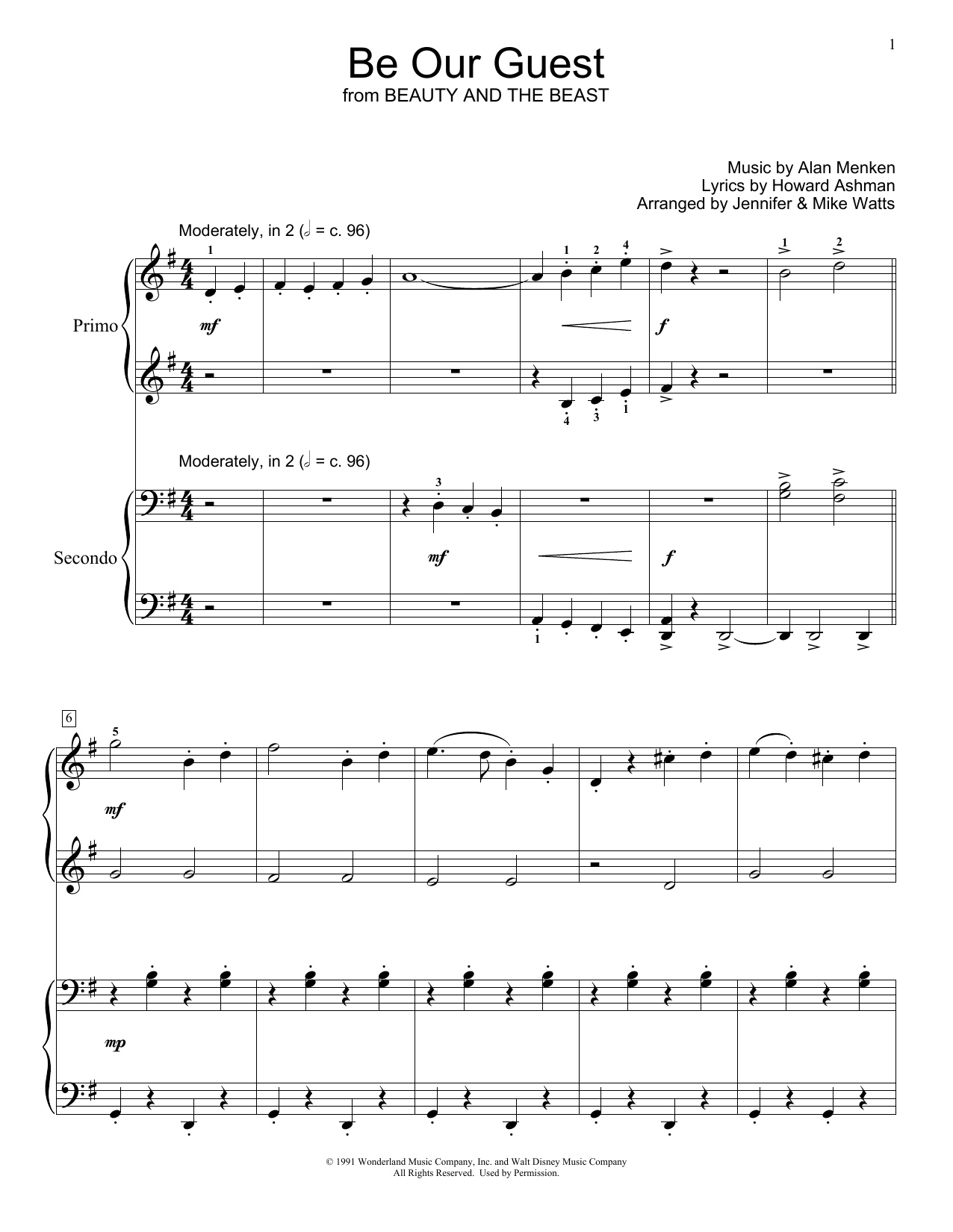 Alan Menken & Howard Ashman Be Our Guest (from Beauty and The Beast) (arr. Jennifer & Mike Watts) Sheet Music