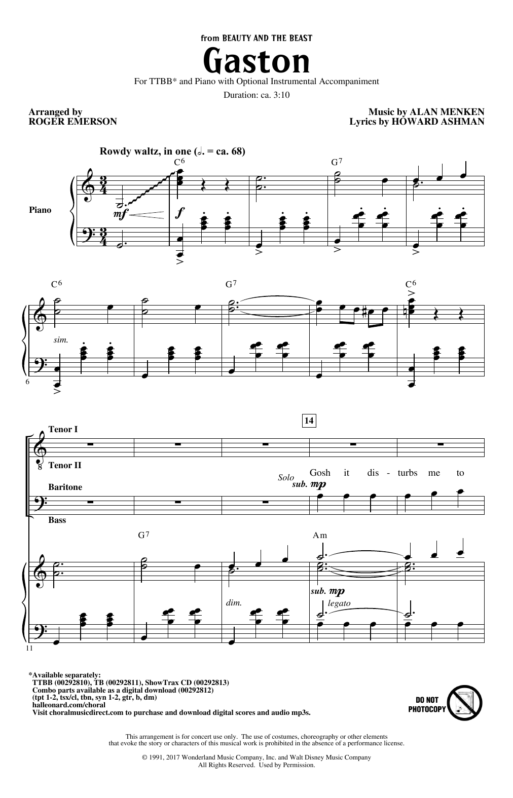 Alan Menken & Howard Ashman Gaston (from Beauty and The Beast) (arr. Roger Emerson) Sheet Music