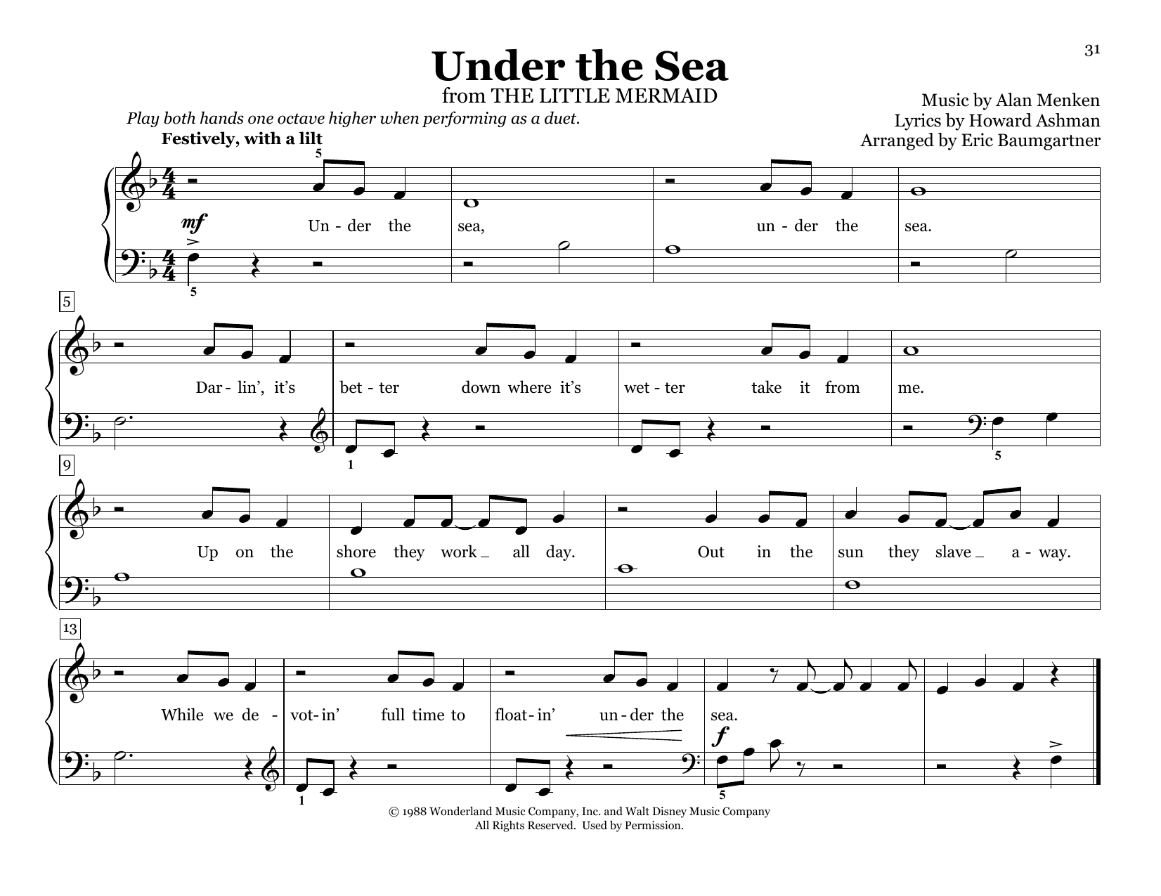 Alan Menken & Howard Ashman Under The Sea (from The Little Mermaid) (arr. Eric Baumgartner) Sheet Music