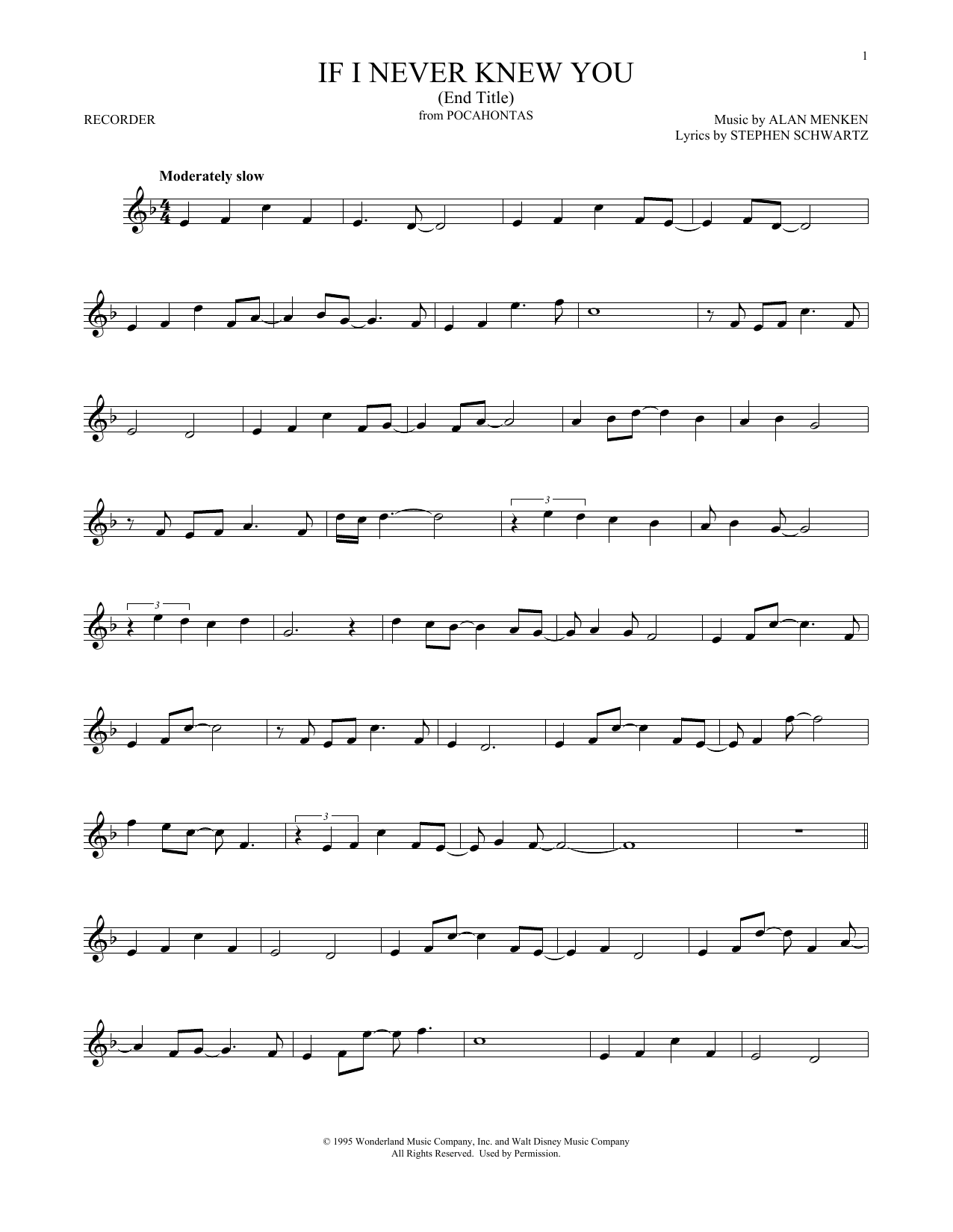 Alan Menken If I Never Knew You (End Title) (from Pocahontas) Sheet Music