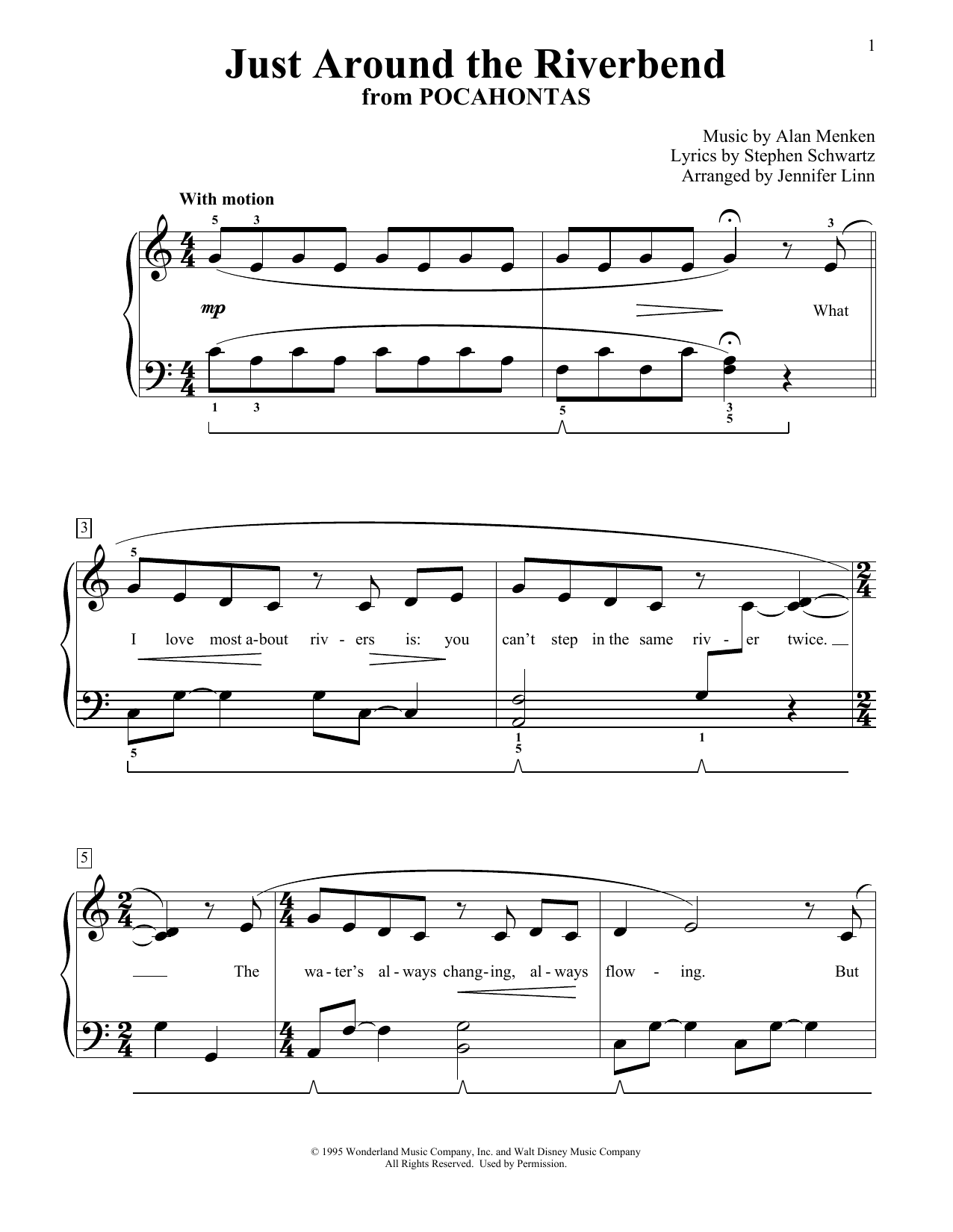 Alan Menken Just Around The Riverbend (from Pocahontas) (arr. Jennifer Linn) Sheet Music