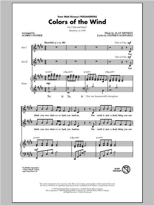 Alan Menken & Stephen Schwartz Colors Of The Wind (from Pocahontas) (arr. Audrey Snyder) Sheet Music
